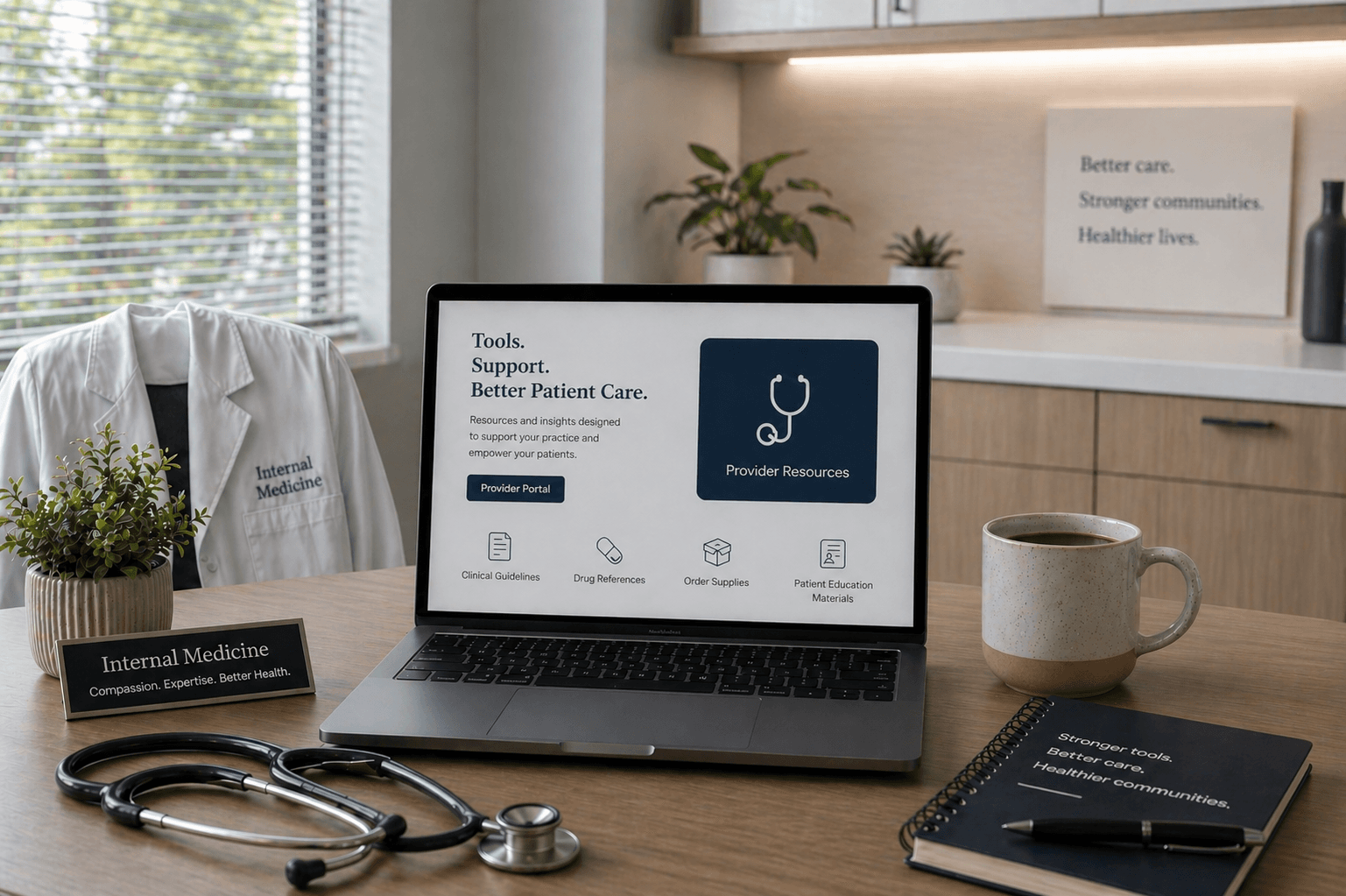 Medical office with stethoscope and virtual care portal