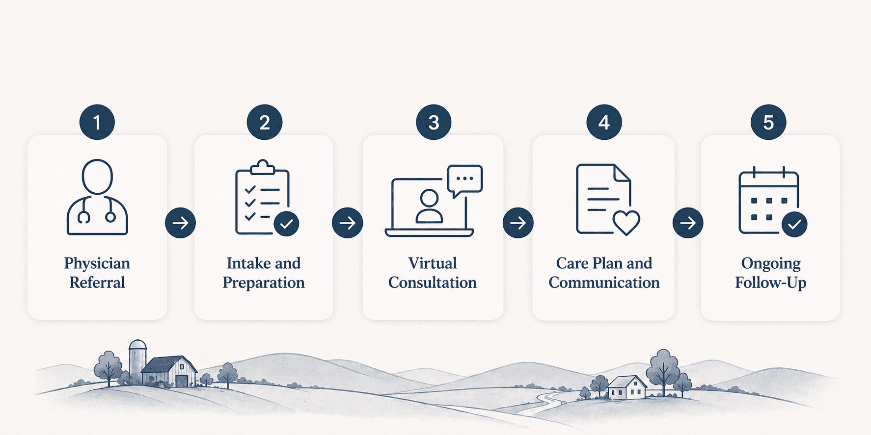 Five-step virtual care process: Physician Referral, Intake and Preparation, Virtual Consultation, Care Plan and Communication, Ongoing Follow-Up